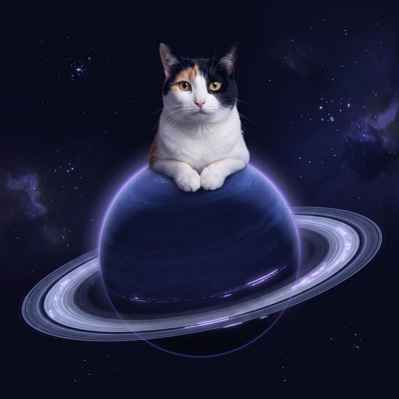 A calico cat resting atop a luminous ringed planet in a violet star field